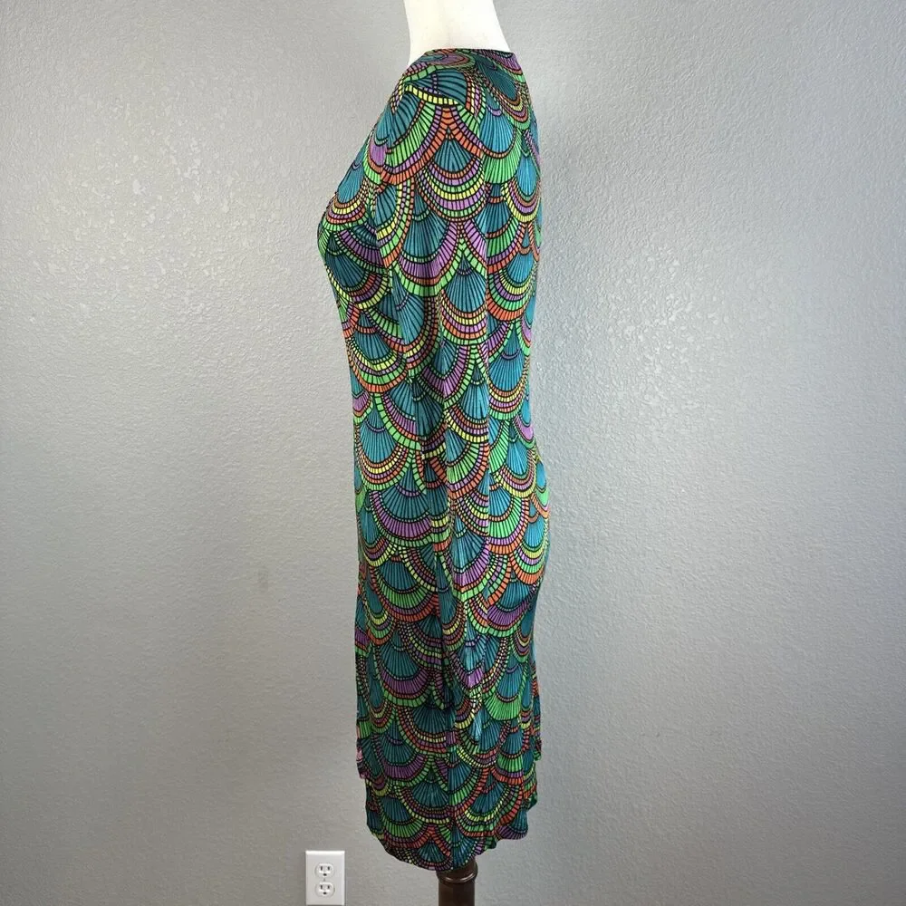 Custo Barcelona Long Sleeve Mini Dress Size 1 S Colorful Geometric Jersey V-Neck - Picture 3 of 6